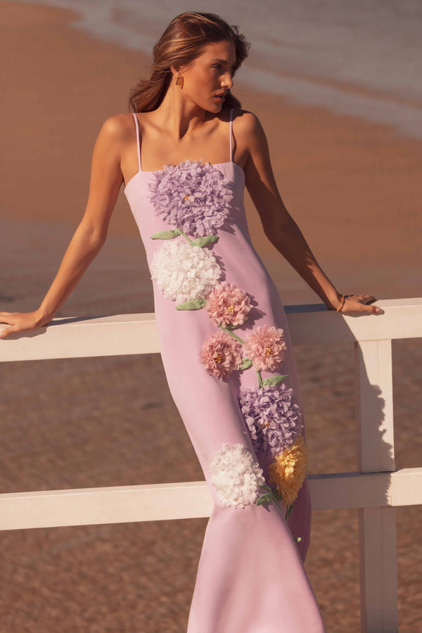 Brunette model wearing Buttercup Embroidered Maxi Dress in Purple front shot