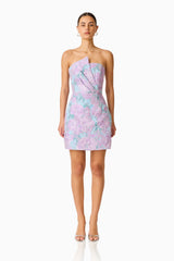 Patricia Strapless Mini Homecoming Dress in Blue & Purple Floral with pleated detailing front shot