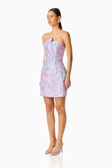 Patricia Strapless Mini Dress in Blue & Purple Floral with pleated detailing side shot