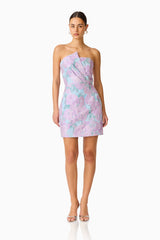Patricia Strapless Mini Dress in Blue & Purple Floral with pleated detailing posed shot