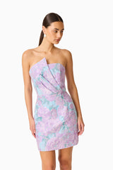 Patricia Strapless Mini Dress in Blue & Purple Floral with pleated detailing close up shot