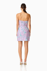 Patricia Strapless Mini Dress in Blue & Purple Floral with zipper back shot