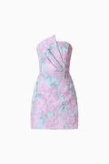 Patricia Strapless Mini Dress in Blue & Purple Floral with pleated detailing ghost shot