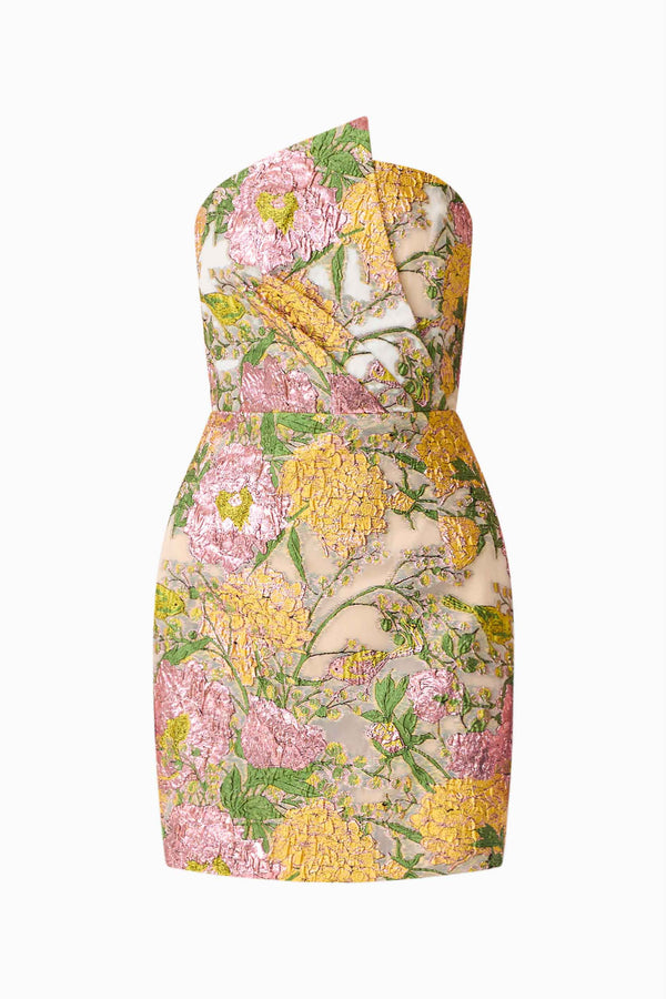 Patricia Strapless Mini Dress in Gold & Purple Floral ghost shot