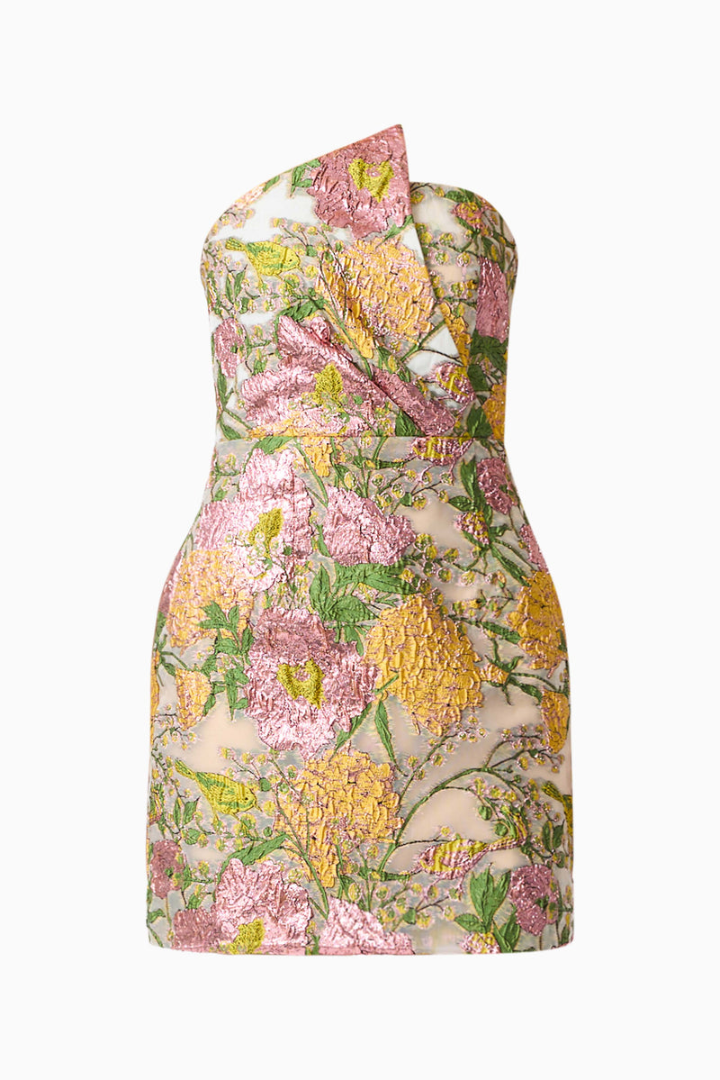 Patricia Strapless Mini Dress in Gold & Purple Floral | Jacquard Fabrication Elliatt Patricia Strapless Mini Dress in Gold & Purple Floral | Jacquard Fabrication Elliatt