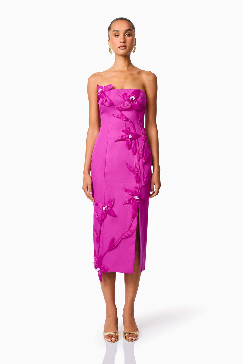 open lace back dress Bethany Strapless Floral Midi Dress In Purple – Elliatt