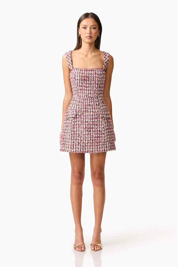 Brunette model wearing Bianca Tweed Mini Dress in Red front shot