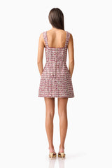 Brunette model wearing Bianca Tweed Mini Dress in Red back shot