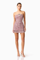 Brunette model wearing the Bianca Strapless Tweed Set in Red posed shot 