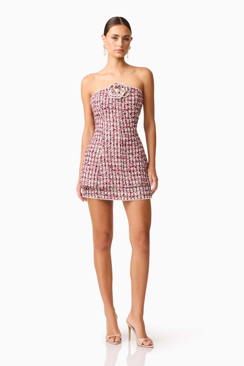 Brunette model wearing the Bianca Strapless Tweed Set in Red posed shot 