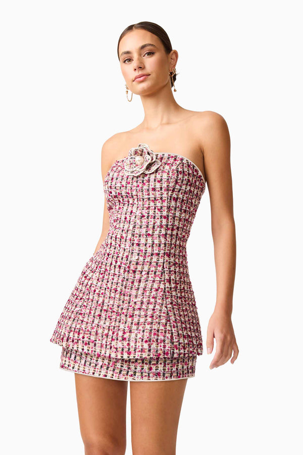 Brunette model wearing the Bianca Strapless Tweed Set in Red close up shot 