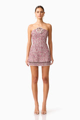 Brunette model wearing the Bianca Strapless Tweed Set in Red front shot 