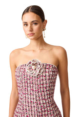 Brunette model wearing the Bianca Strapless Tweed Set in Red close up detailed shot 