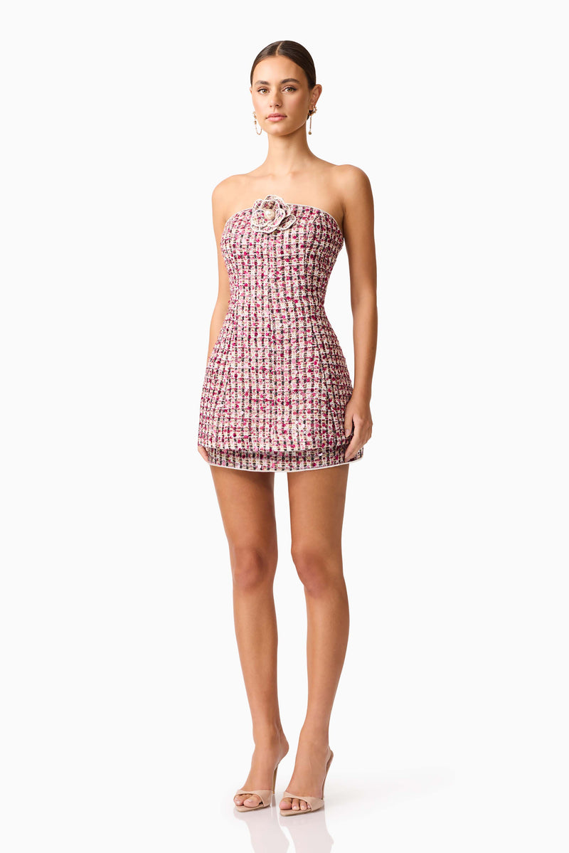 Brunette model wearing the Bianca Strapless Tweed Set in Red side shot 