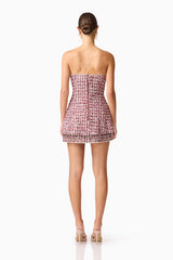 Brunette model wearing the Bianca Strapless Tweed Set in Red back shot 
