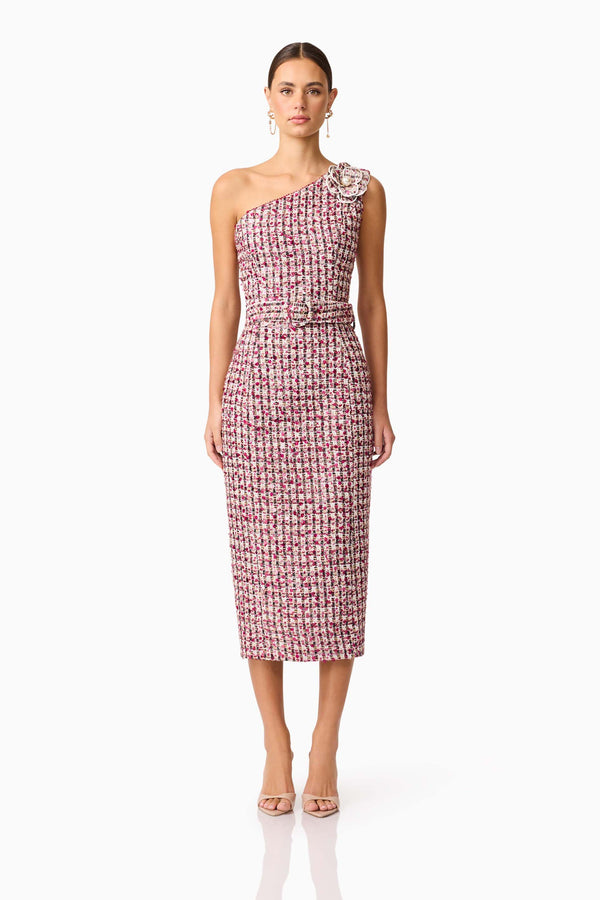 Brunette model wearing Bianca One Shoulder Tweed Midi Dress in Red front shot 