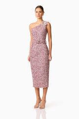 Brunette model wearing Bianca One Shoulder Tweed Midi Dress in Red side shot 
