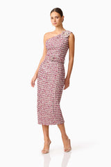 Brunette model wearing Bianca One Shoulder Tweed Midi Dress in Red posed shot 