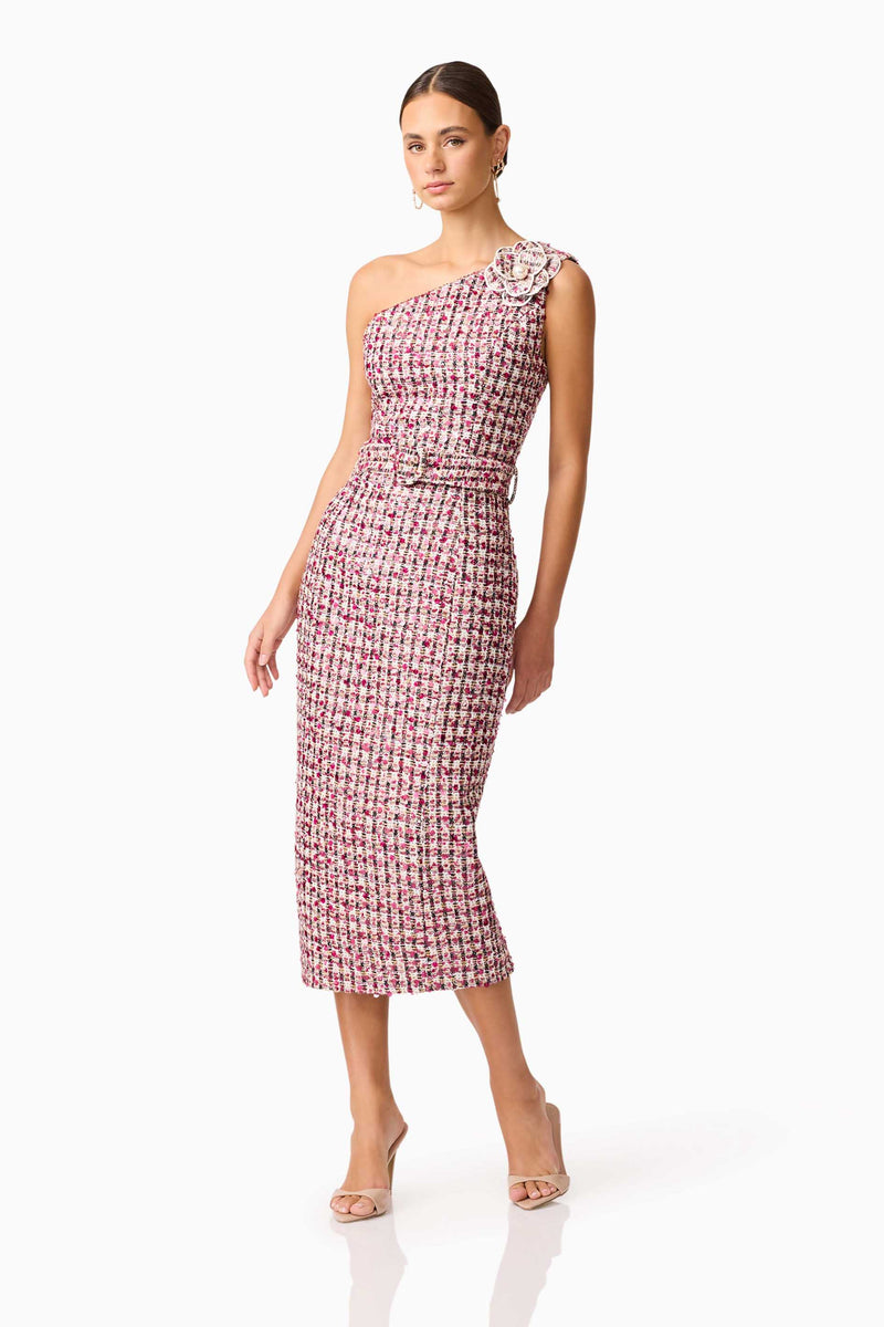 Brunette model wearing Bianca One Shoulder Tweed Midi Dress in Red posed shot 