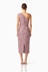 Brunette model wearing Bianca One Shoulder Tweed Midi Dress in Red back shot 