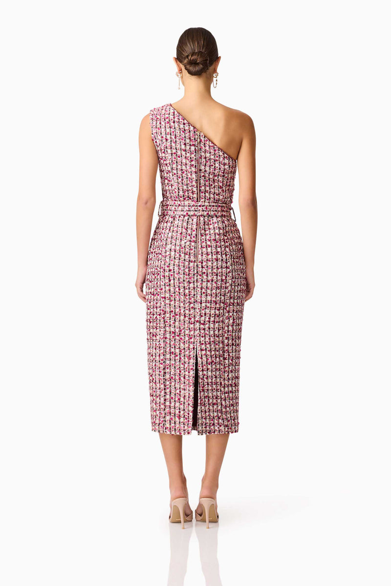 Brunette model wearing Bianca One Shoulder Tweed Midi Dress in Red back shot 