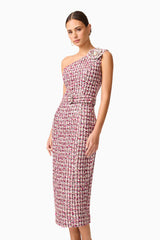 Brunette model wearing Bianca One Shoulder Tweed Midi Dress in Red close up shot 
