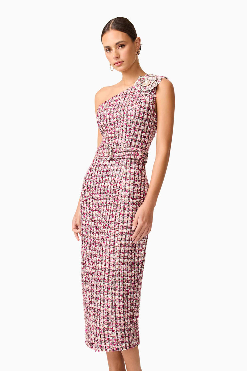 Brunette model wearing Bianca One Shoulder Tweed Midi Dress in Red close up shot 