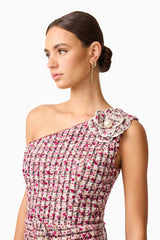 Brunette model wearing Bianca One Shoulder Tweed Midi Dress in Red detail shot 