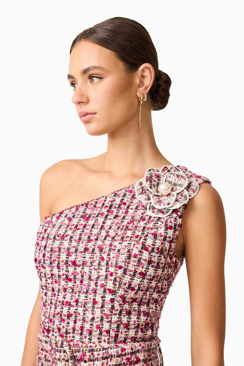 Brunette model wearing Bianca One Shoulder Tweed Midi Dress in Red detail shot 