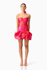 Brunette model wearing Eloise Strapless Mini Dress in Pink & Red front shot