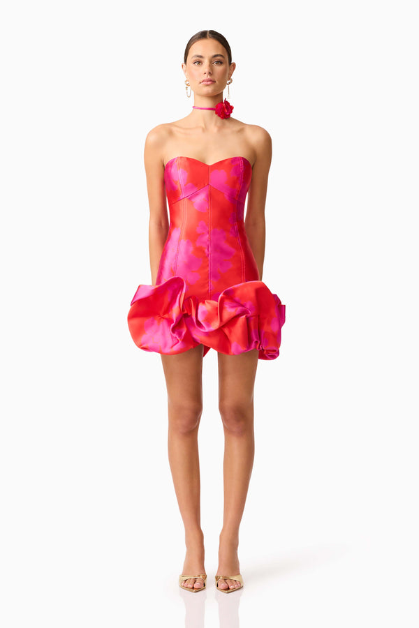 Brunette model wearing Eloise Strapless Mini Dress in Pink & Red front shot