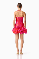 Brunette model wearing Eloise Strapless Mini Dress in Pink Pink & Red shot