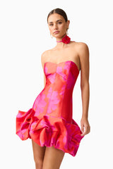Brunette model wearing Eloise Strapless Mini Dress in Pink & Red close up shot