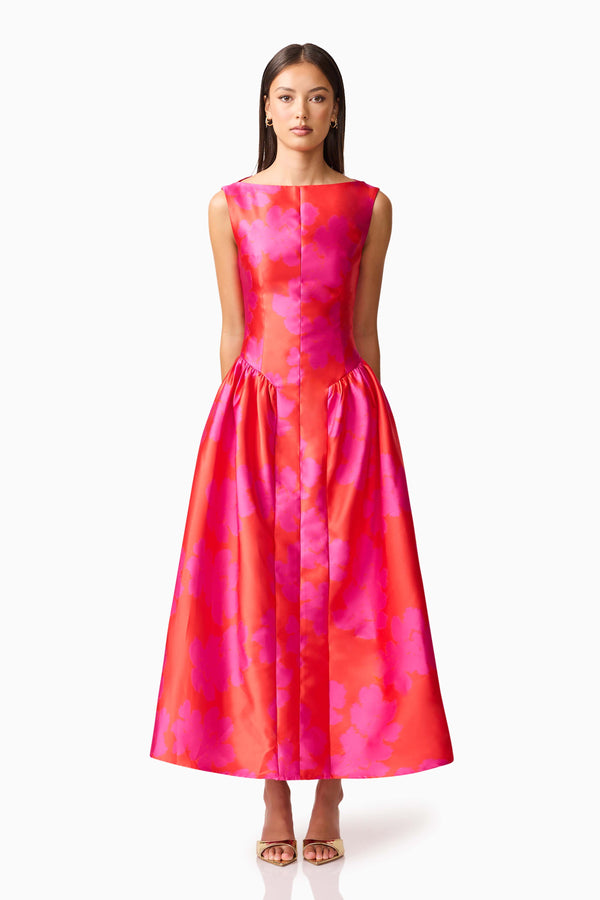 Brunette model wearing Eloise A-Line Midi Dress in Pink & Red front shot