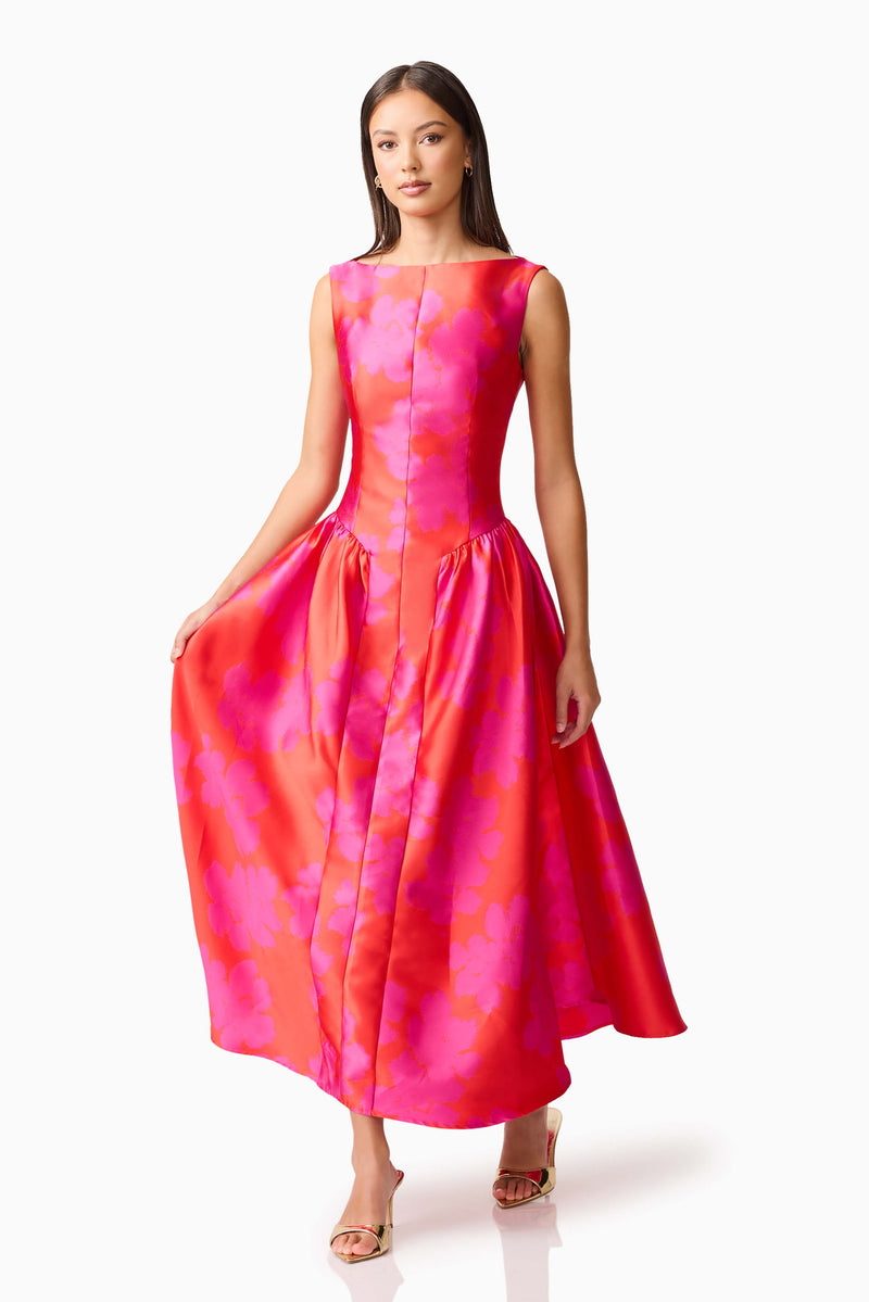 Brunette model wearing Eloise A-Line Midi Dress in Pink & Red posed shot