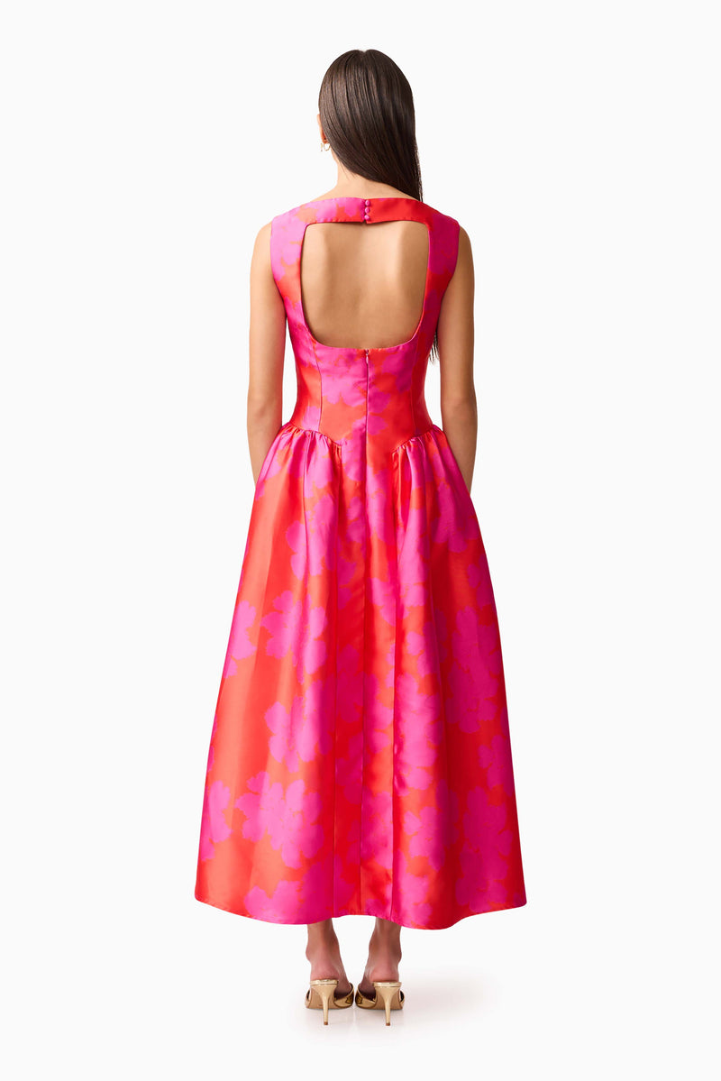 Brunette model wearing Eloise A-Line Midi Dress in Pink & Red back shot