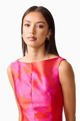 Brunette model wearing Eloise A-Line Midi Dress in Pink & Red detail shot
