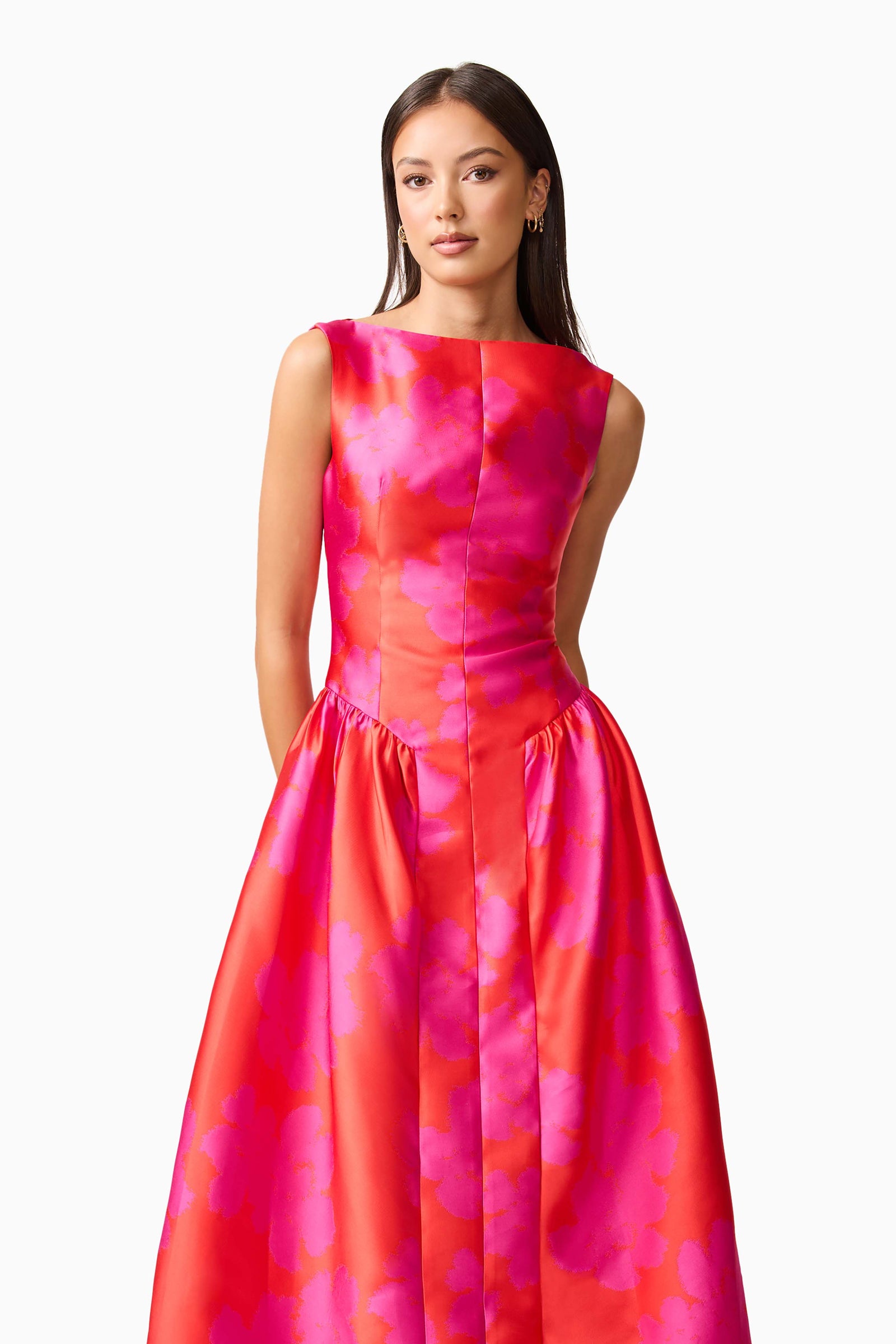 Eloise A-Line Midi Dress in Pink & Red | Cap Sleeve Detailing Elliatt Eloise A-Line Midi Dress in Pink & Red | Cap Sleeve Detailing Elliatt