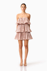 Brunette model wearing Lison Tiered Strapless Mini Dress in Pink front shot