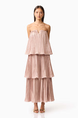 Brunette model wearing Lison Tiered Strapless Gown in Pink front shot