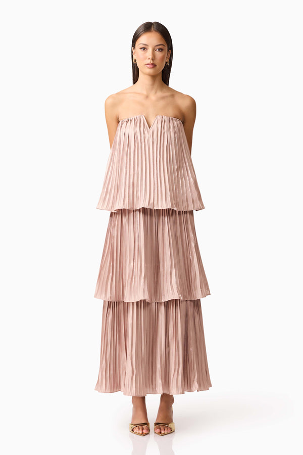Brunette model wearing Lison Tiered Strapless Gown in Pink front shot