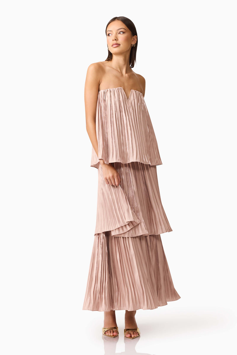 Brunette model wearing Lison Tiered Strapless Gown in Pink close up shot