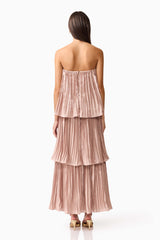 Brunette model wearing Lison Tiered Strapless Gown in Pink back shot