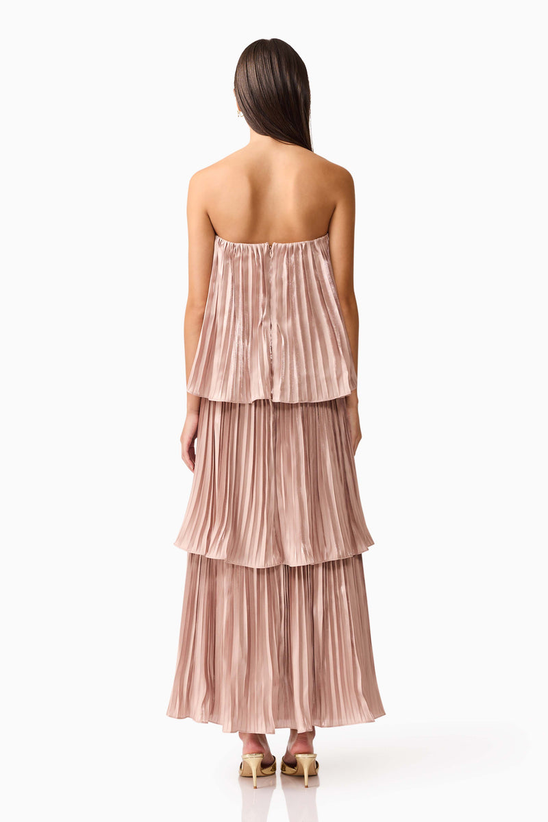 Brunette model wearing Lison Tiered Strapless Gown in Pink back shot