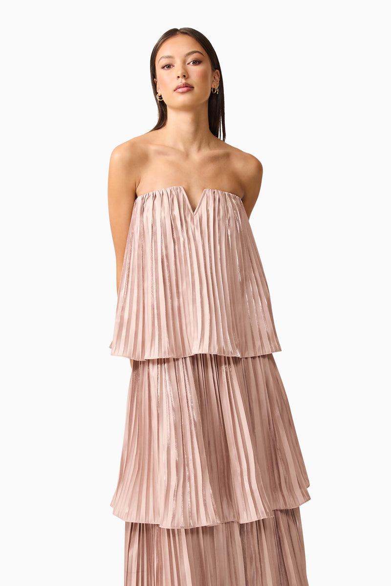 Brunette model wearing Lison Tiered Strapless Gown in Pink close up shot
