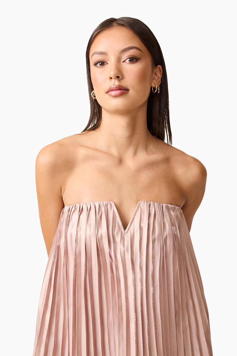 Brunette model wearing Lison Tiered Strapless Gown in Pink detail shot
