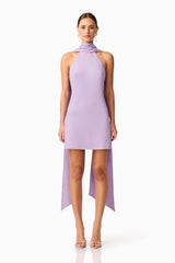 Brunette model wearing Mira Halter Mini Dress in Purple front shot 