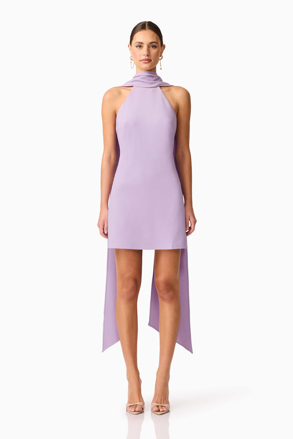 Brunette model wearing Mira Halter Mini Dress in Purple front shot 