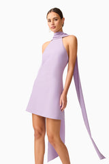 Brunette model wearing Mira Halter Mini Dress in Purple close up shot 