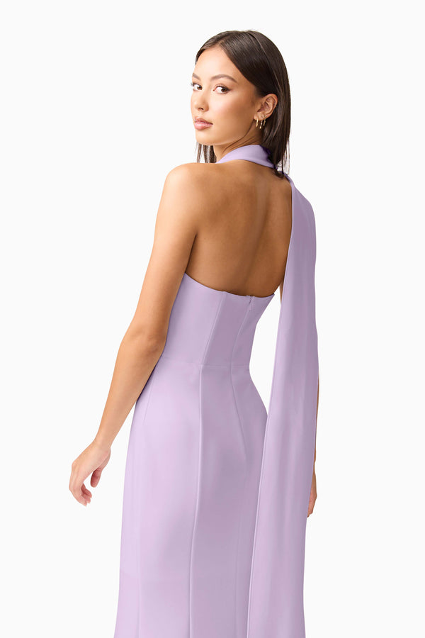 Brunette model wearing the Mira Halter Gown in Purple close up shot 